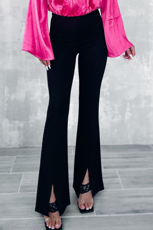 Black Plain Split Front Flare High Waist Pants