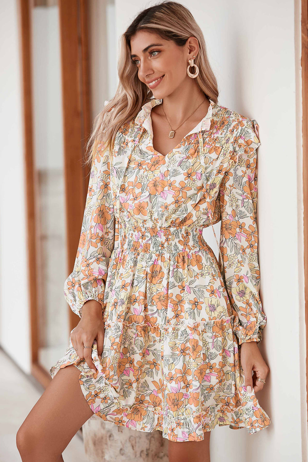 White Boho Floral Print Smocked Tiered Dress