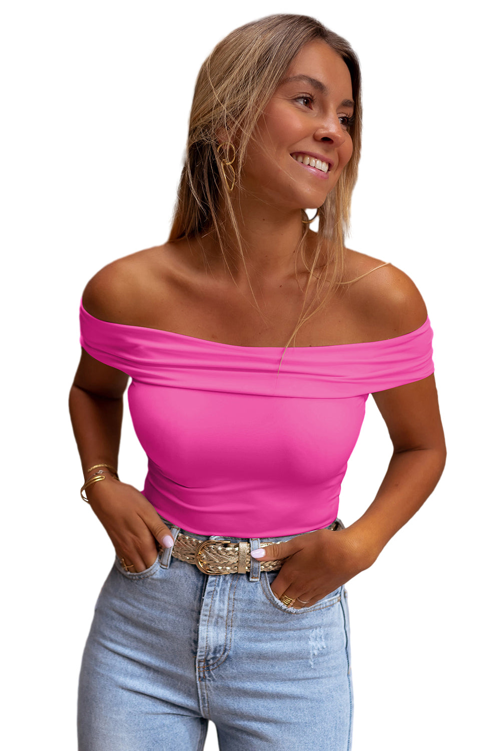 Bright Pink Solid Color Folded Off Shoulder Slim Shirt