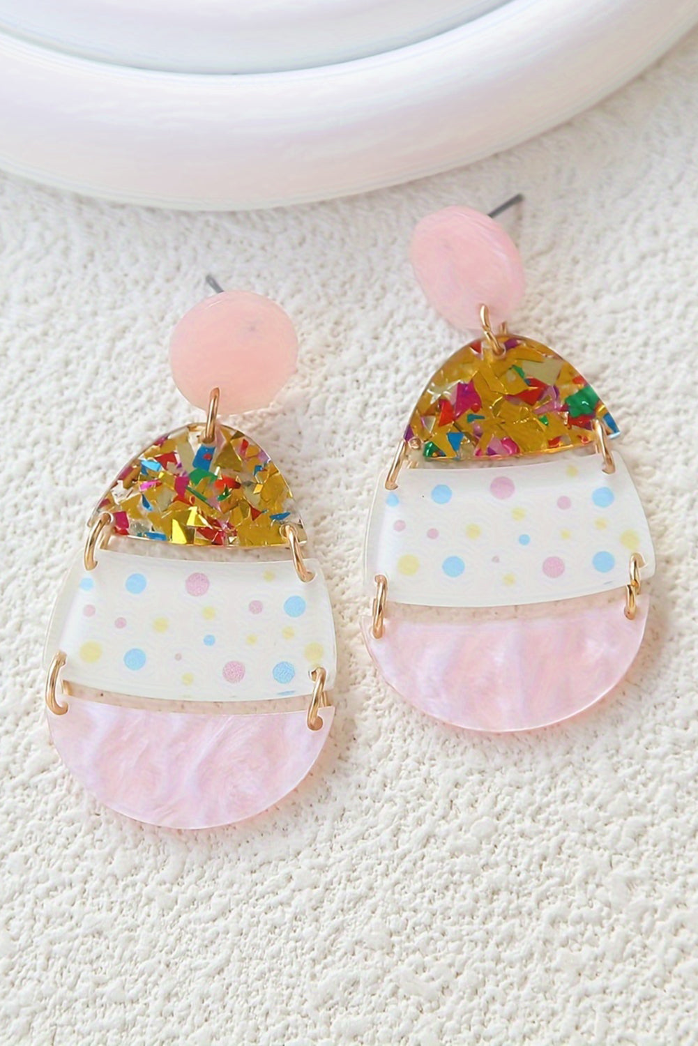 Pink Polka Dot Printed Easter Egg Shape Drop Earrings