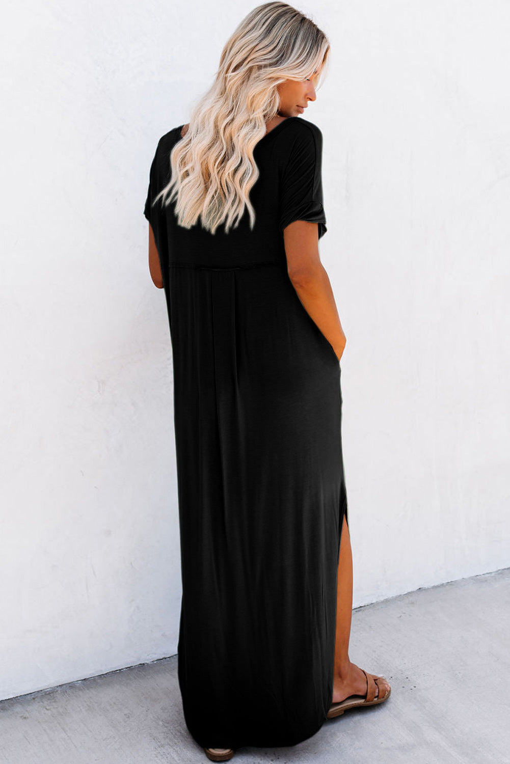 Pink Solid Color Hidden Pocket V Neck Slit Maxi Dress