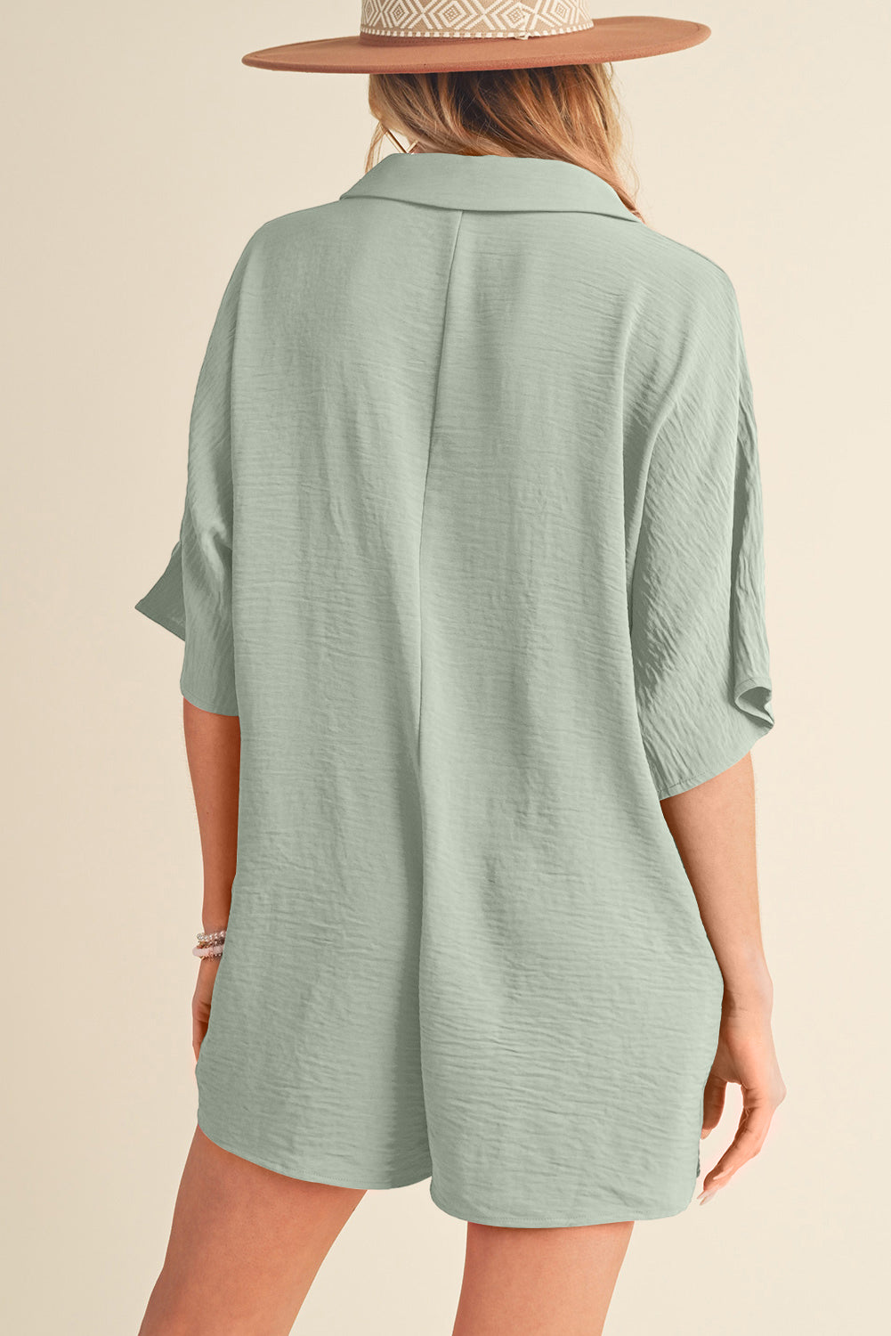 Spinach Green Plain Half Button Collared Pocket Loose Romper