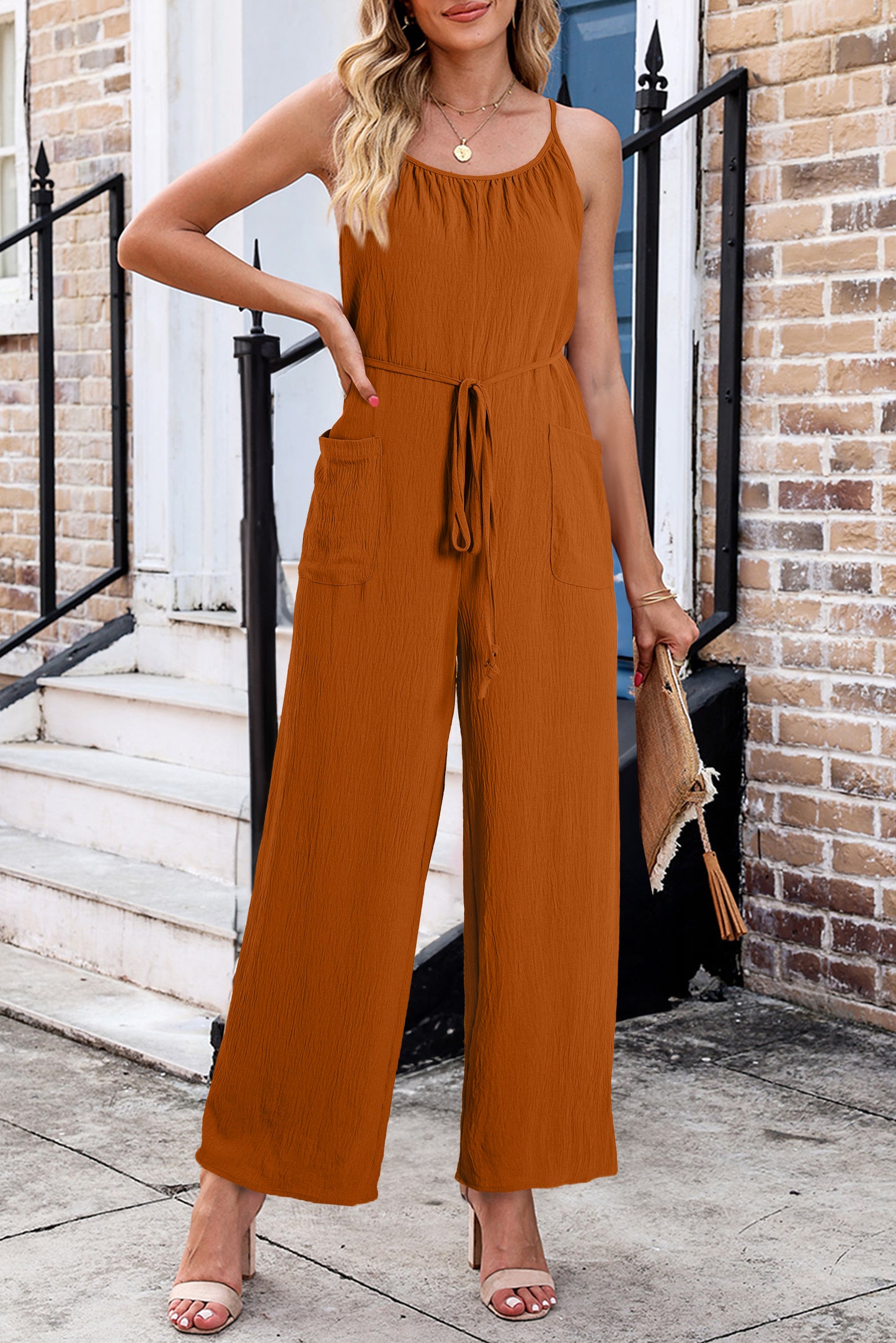 Apricot Spaghetti Straps Waist Tie Pocketed Wide Leg Jumpsuit