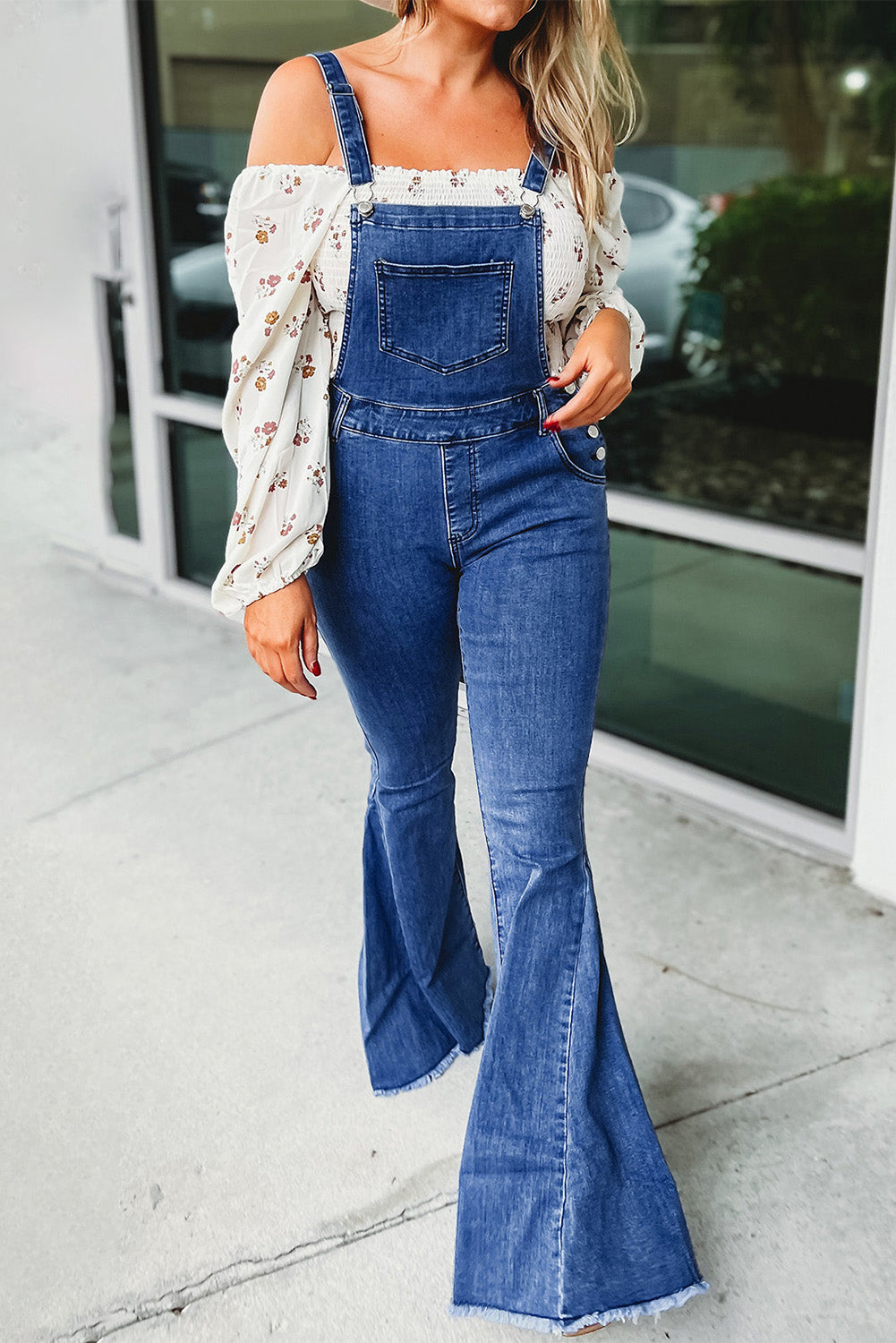 Dark Blue Denim Adjustable Buckle Strap Flared Jumpsuits