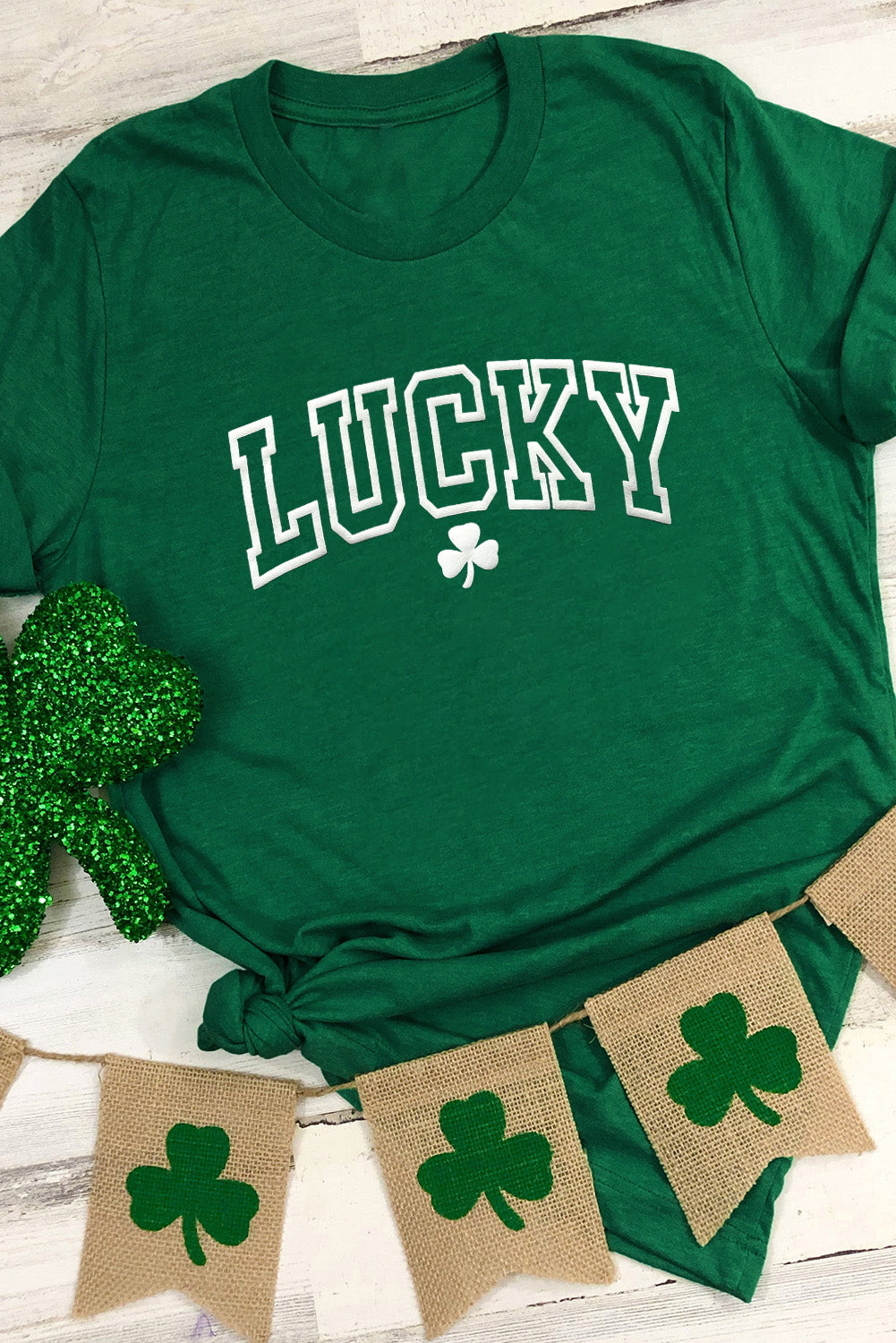 Green Casual LUCKY Clover Puff Graphic Round Neck T Shirt