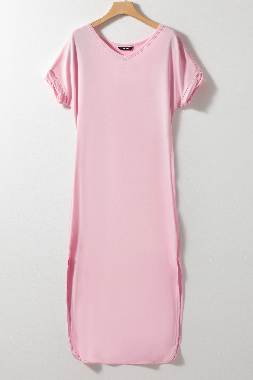 Pink Solid Color Hidden Pocket V Neck Slit Maxi Dress