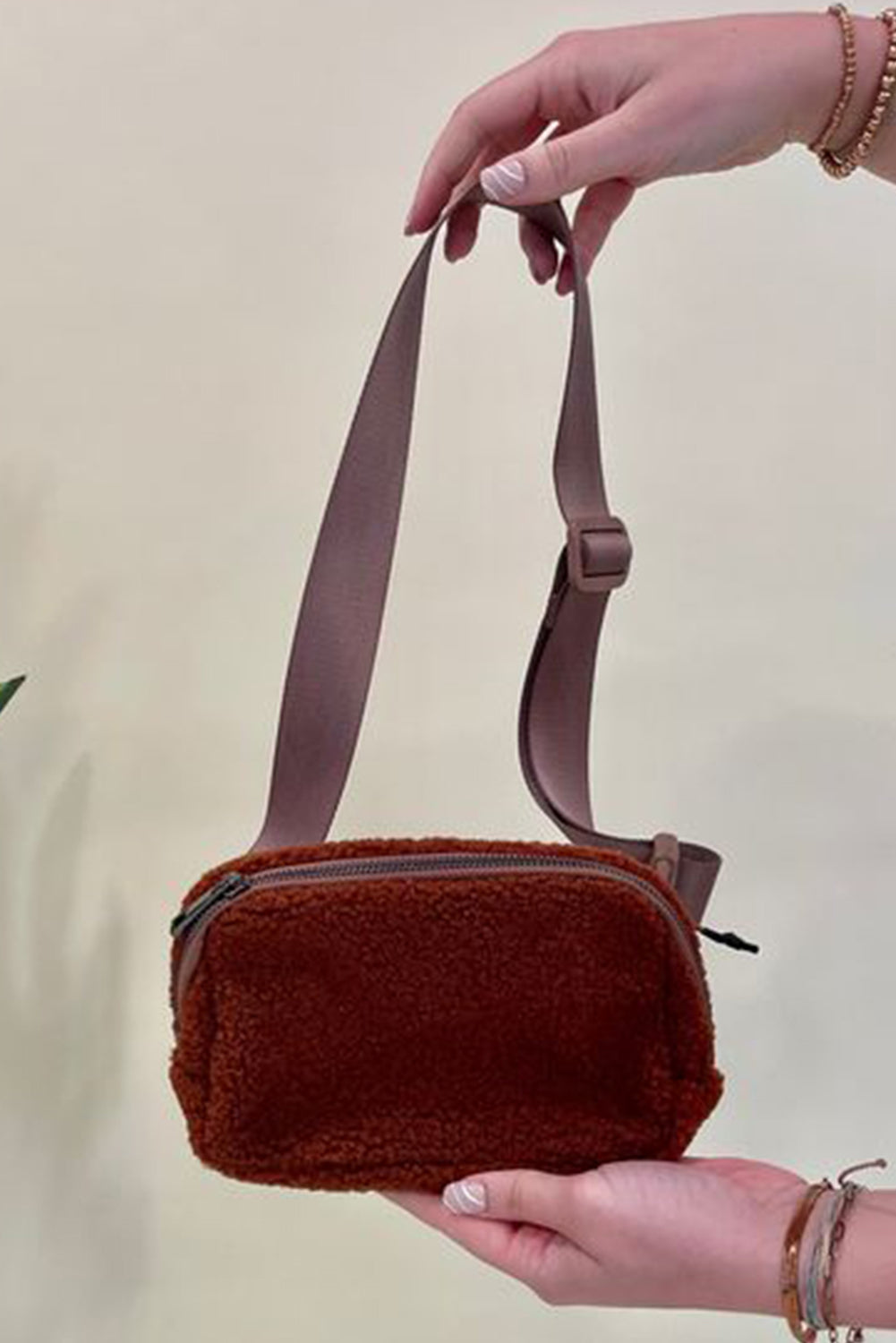 Brown Sherpa Adjustable Strap Crossbody Bag