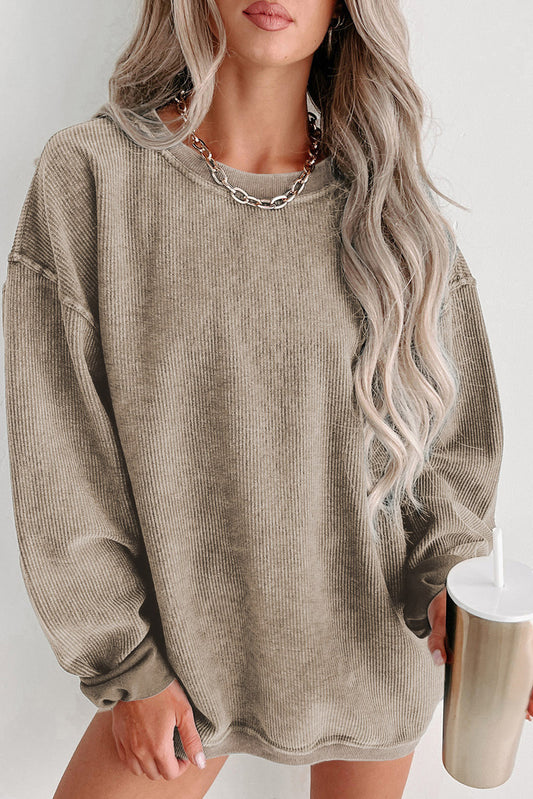 Blue Plain Solid Ribbed Knit Round Neck Pullover Sweatshirt