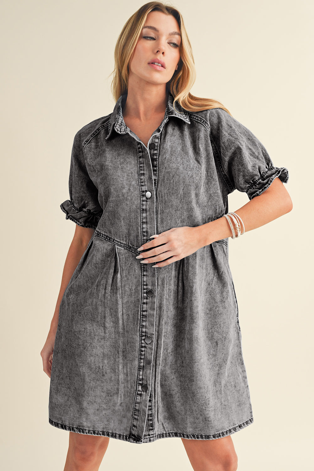 Blue Mineral Washed Ruffled Short Sleeve Pocketed Denim Dress