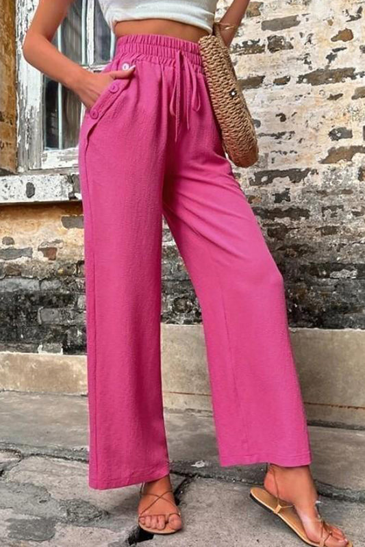 Rose Red Solid Color High Waisted Loose Pants