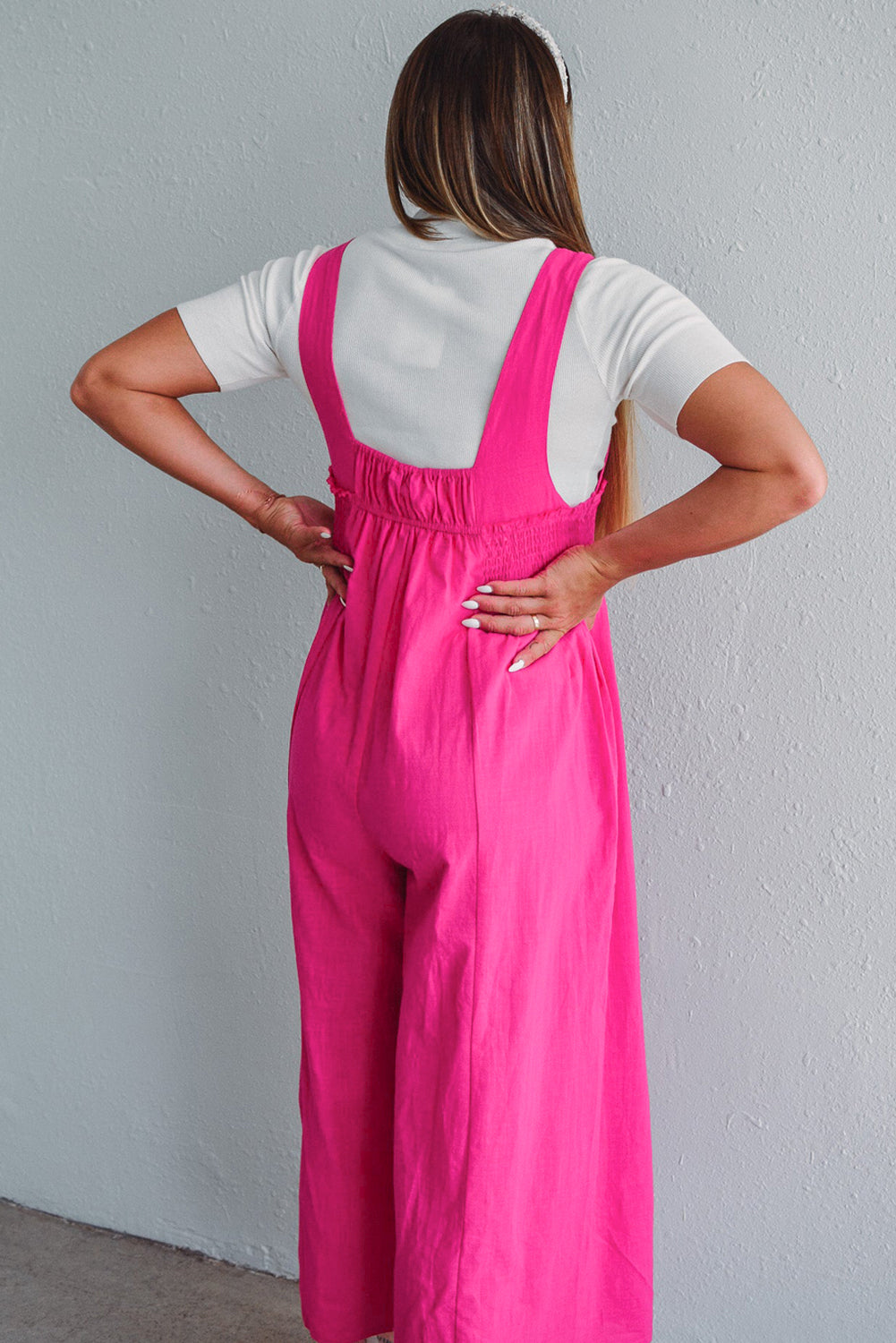 Strawberry Pink Smocked High Waist Wide Leg Overall