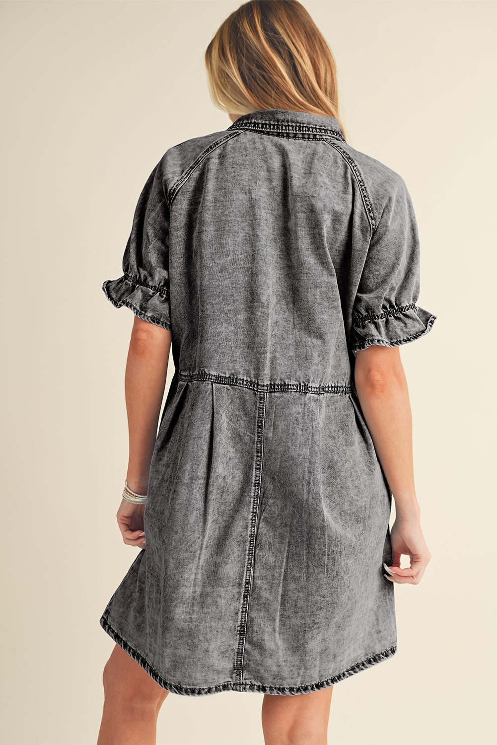 Blue Mineral Washed Ruffled Short Sleeve Pocketed Denim Dress