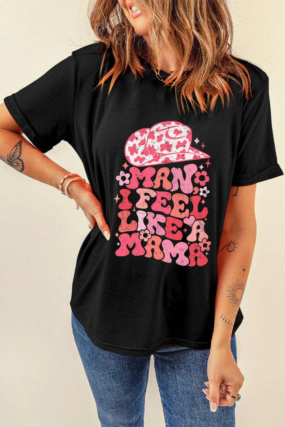 Black MAMA Letter Print Crewneck Graphic Tee