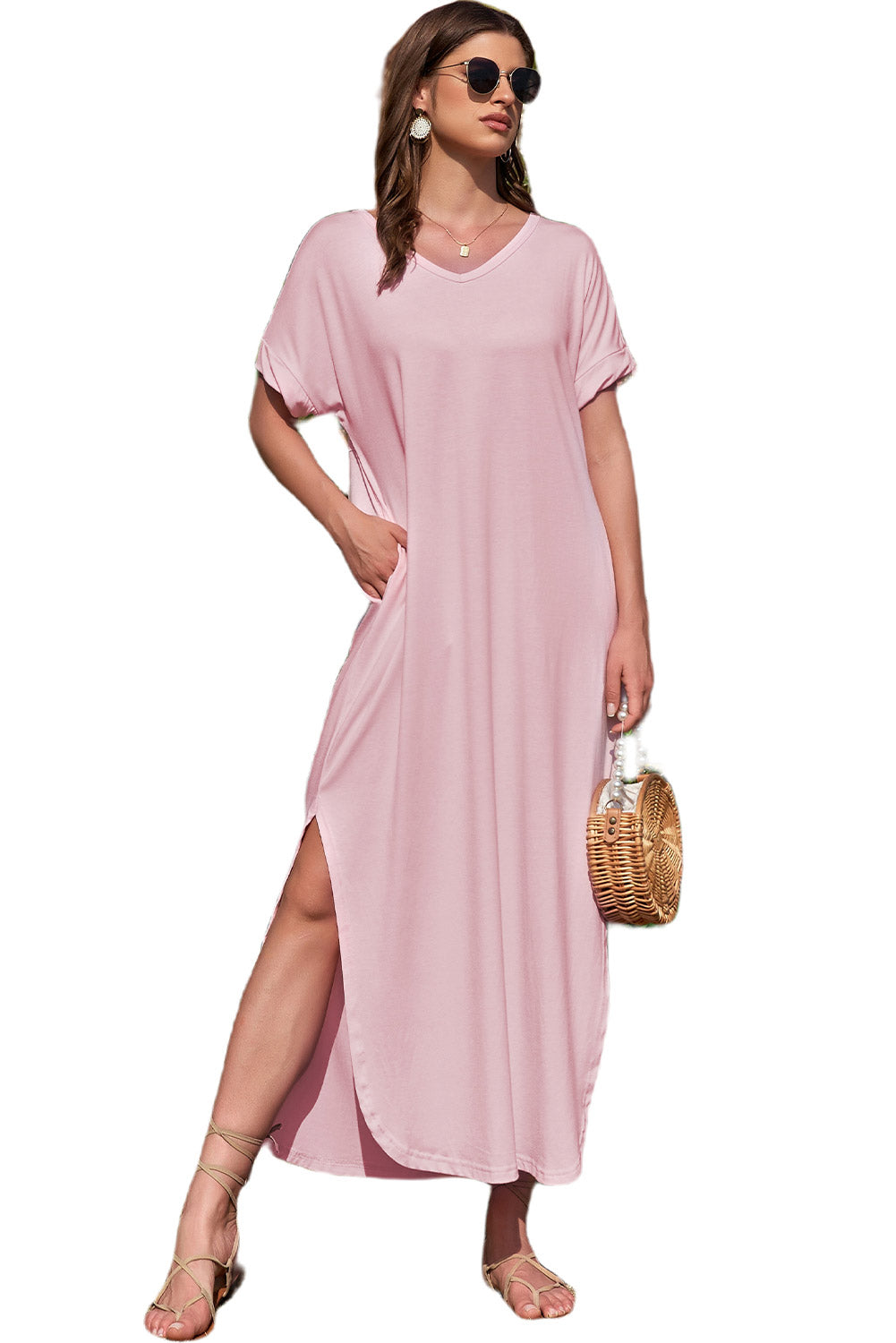 Pink Solid Color Hidden Pocket V Neck Slit Maxi Dress