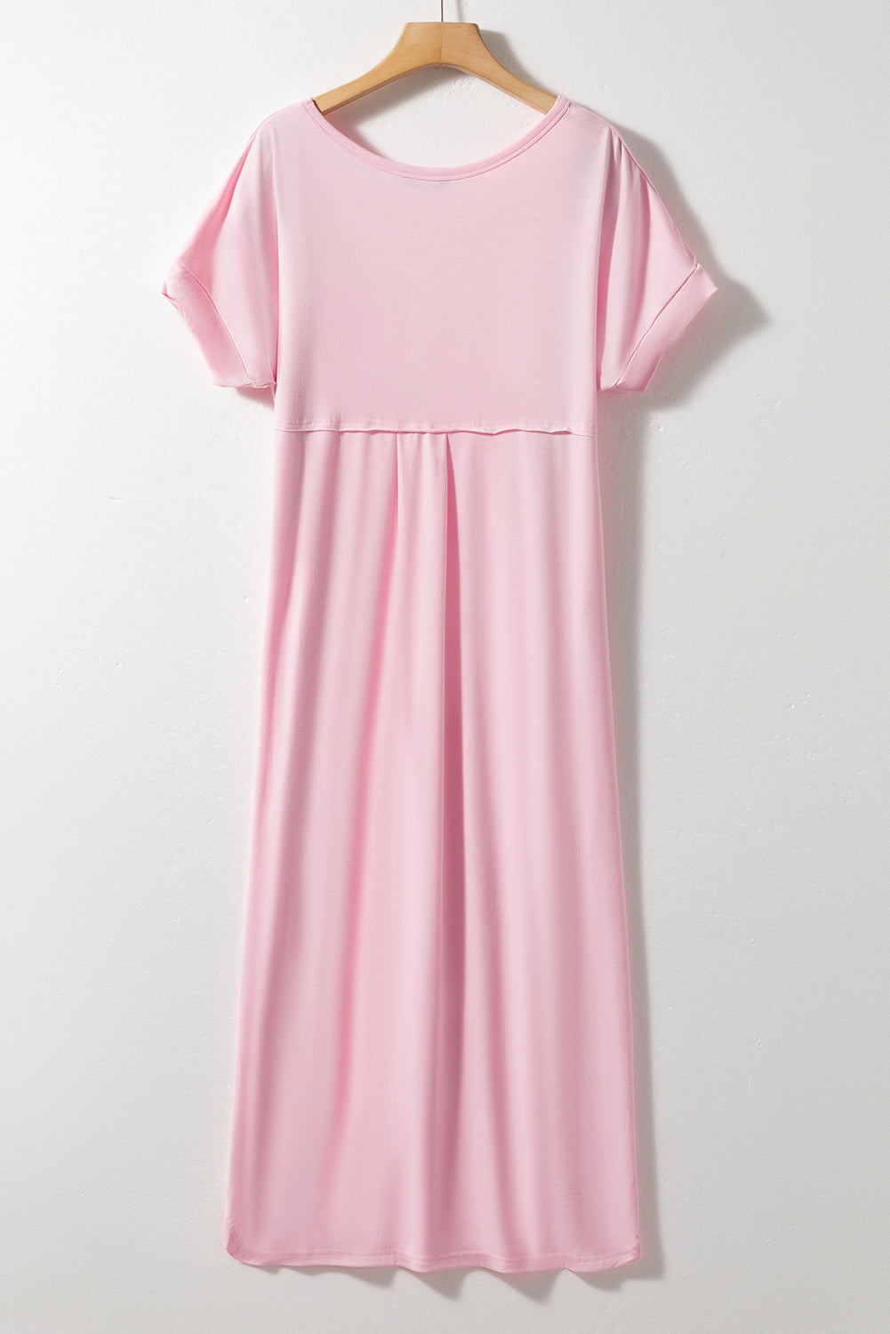 Pink Solid Color Hidden Pocket V Neck Slit Maxi Dress