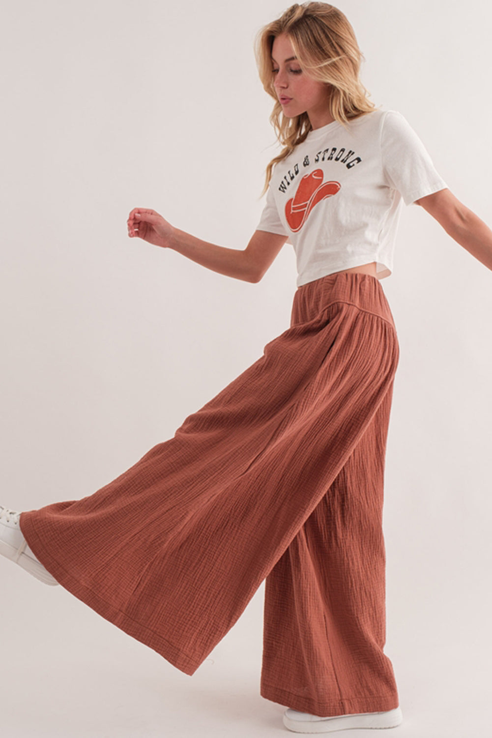 Gold Flame Gauze Textured Pleated Wide Leg Pants