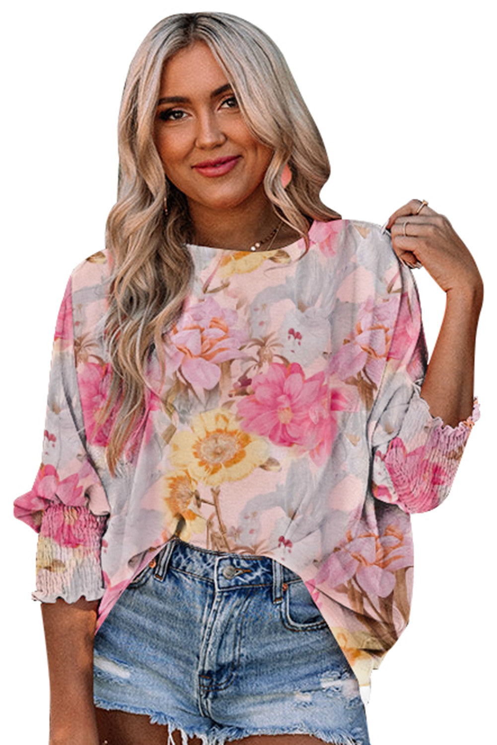 Pink Shirred Cuffs 3/4 Sleeve Loose Fit Floral Blouse