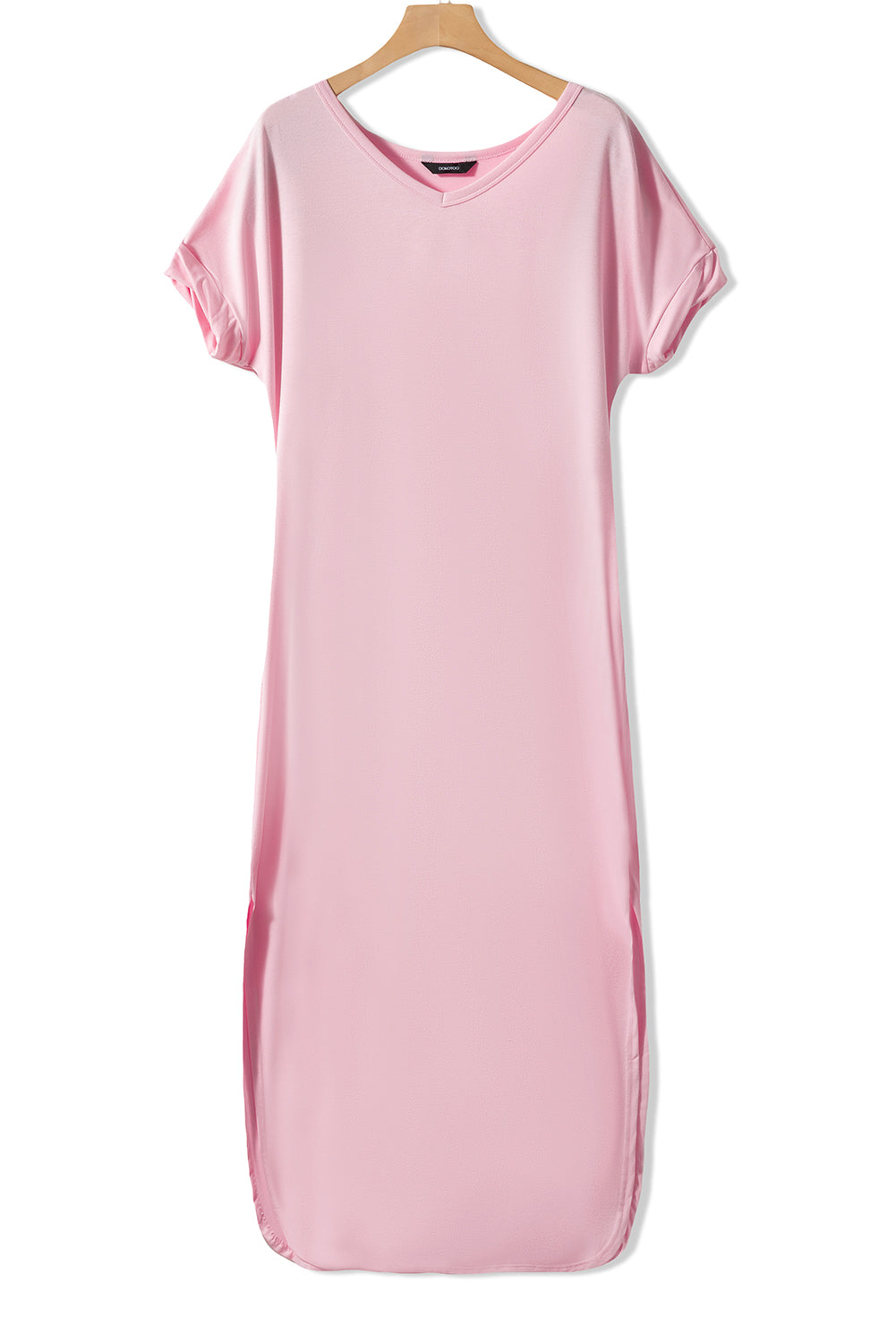 Pink Solid Color Hidden Pocket V Neck Slit Maxi Dress