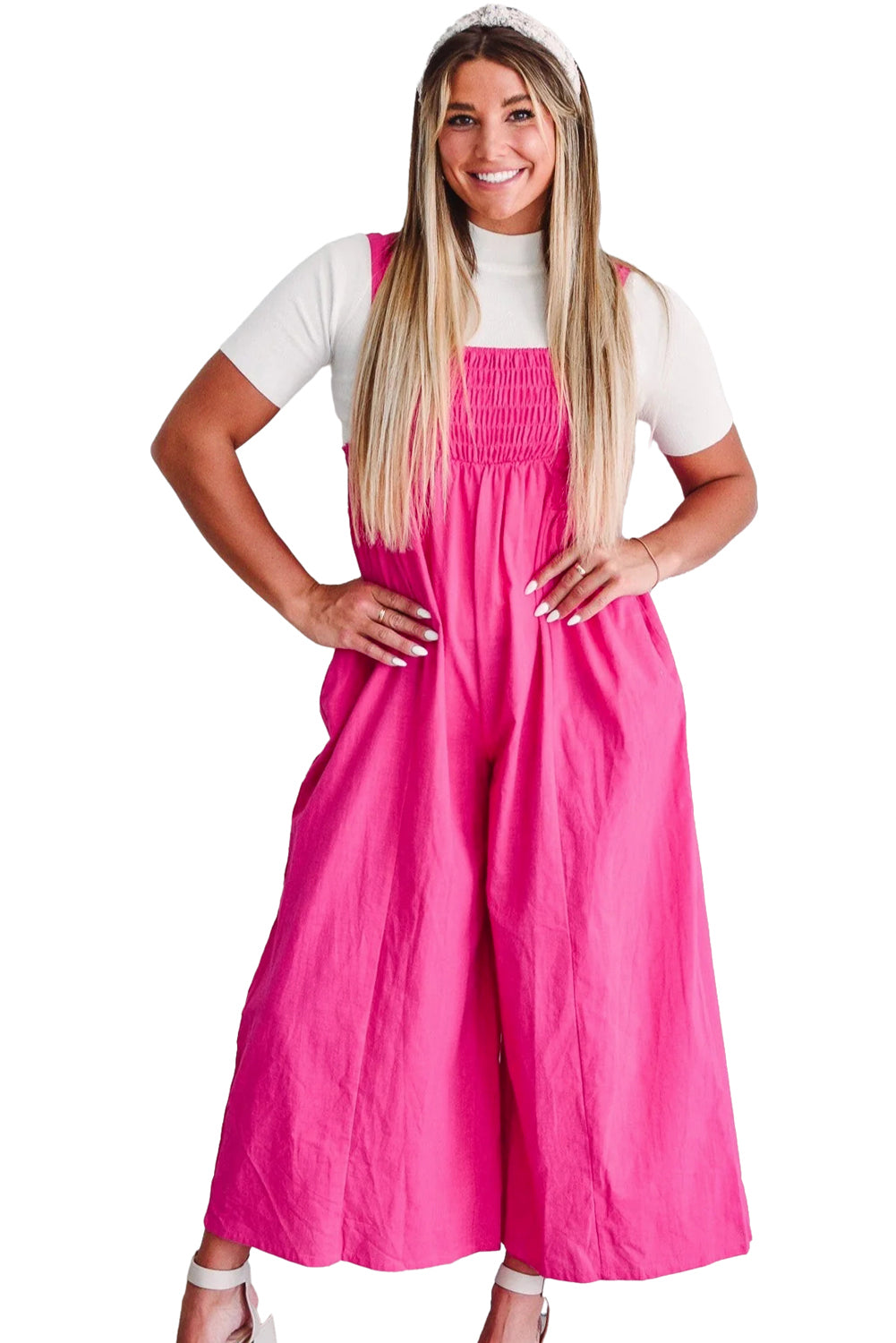 Strawberry Pink Smocked High Waist Wide Leg Overall