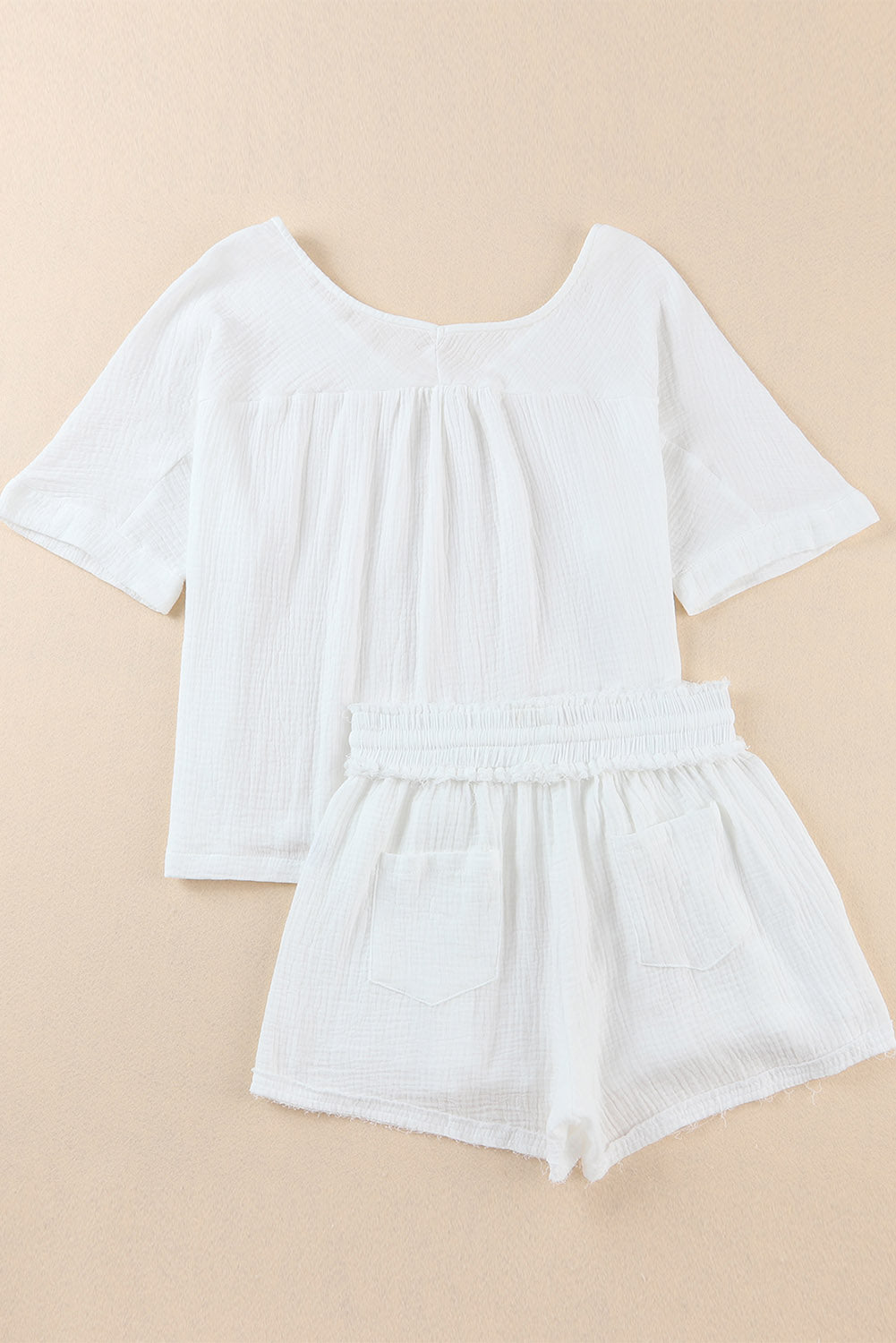 White Loose V Neck Blouse & Drawstring Raw Hem Shorts Set