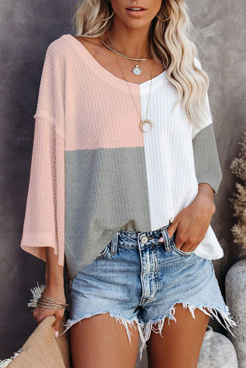 Multicolor Waffle Colorblock Drop Sleeve Oversized Top