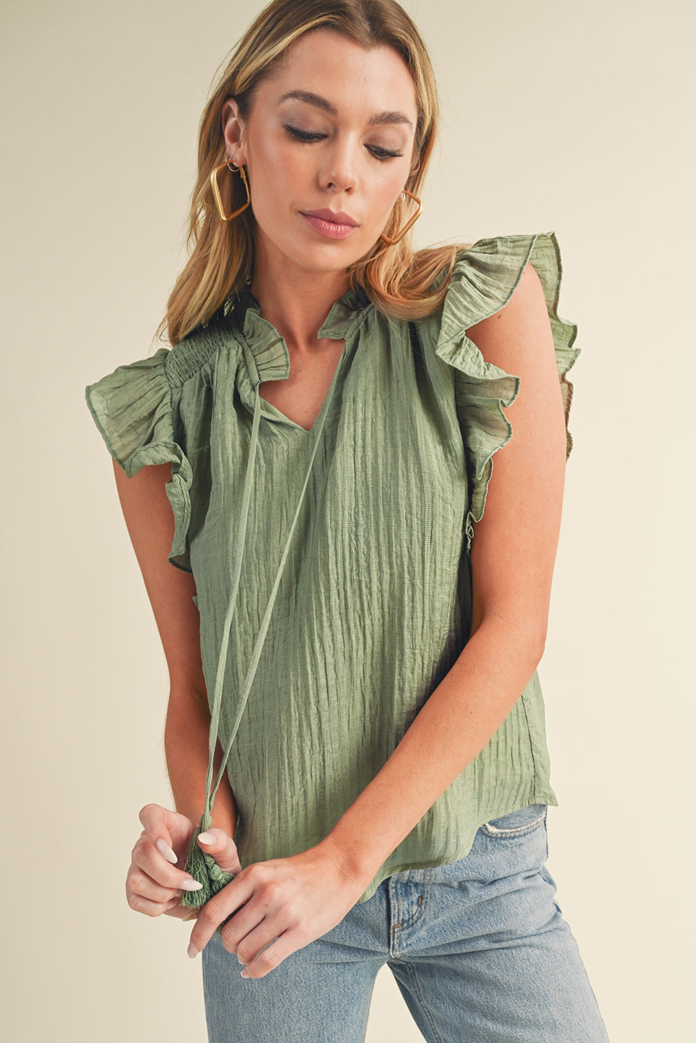 Meadow Mist Green V Neck Flutter Sleeve Textured Blouse