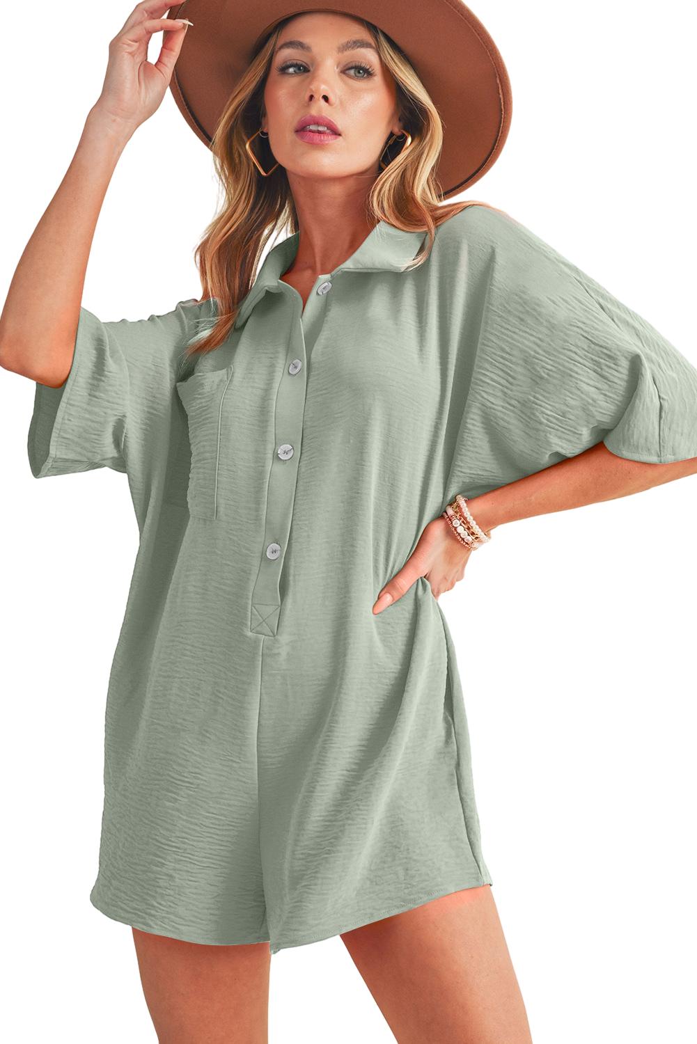 Spinach Green Plain Half Button Collared Pocket Loose Romper