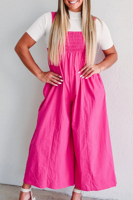 Strawberry Pink Smocked High Waist Wide Leg Overall