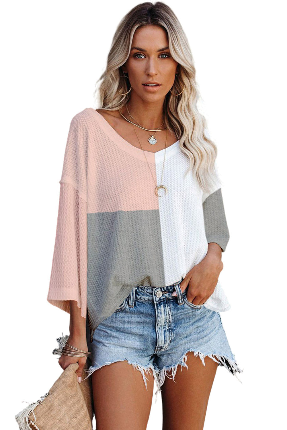 Multicolor Waffle Colorblock Drop Sleeve Oversized Top