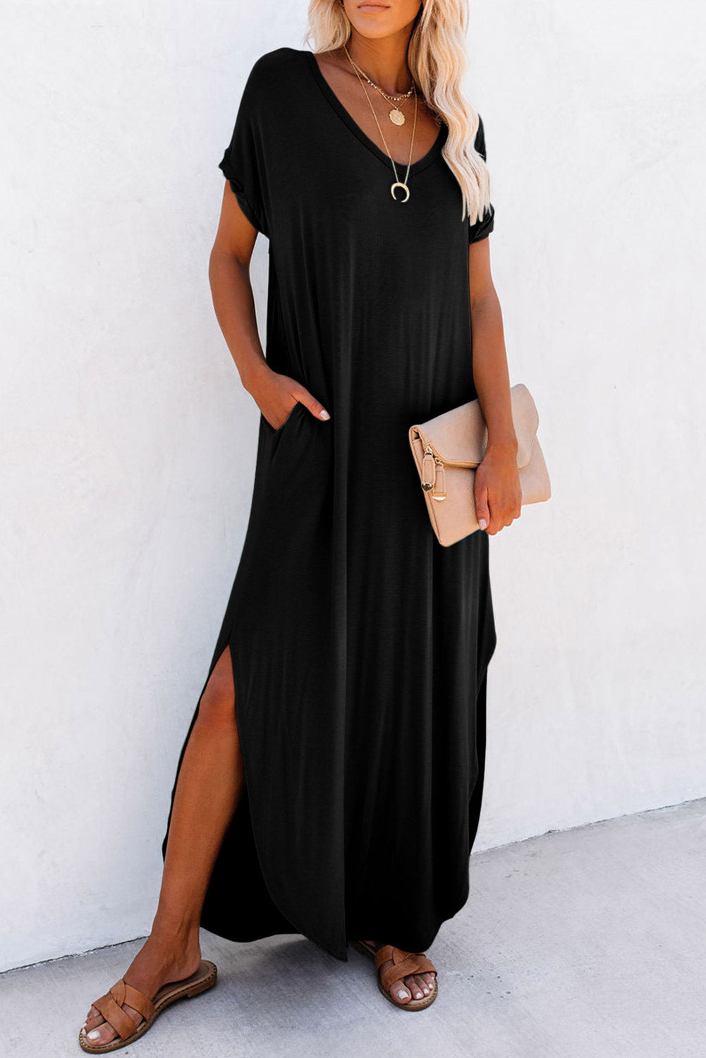 Pink Solid Color Hidden Pocket V Neck Slit Maxi Dress