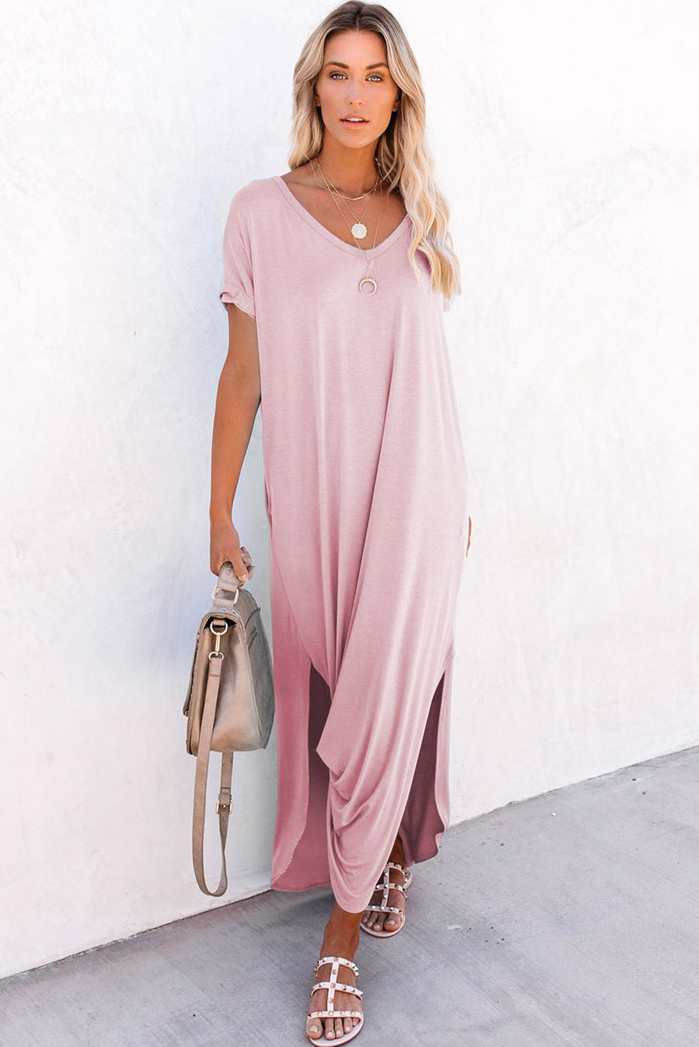 Pink Solid Color Hidden Pocket V Neck Slit Maxi Dress