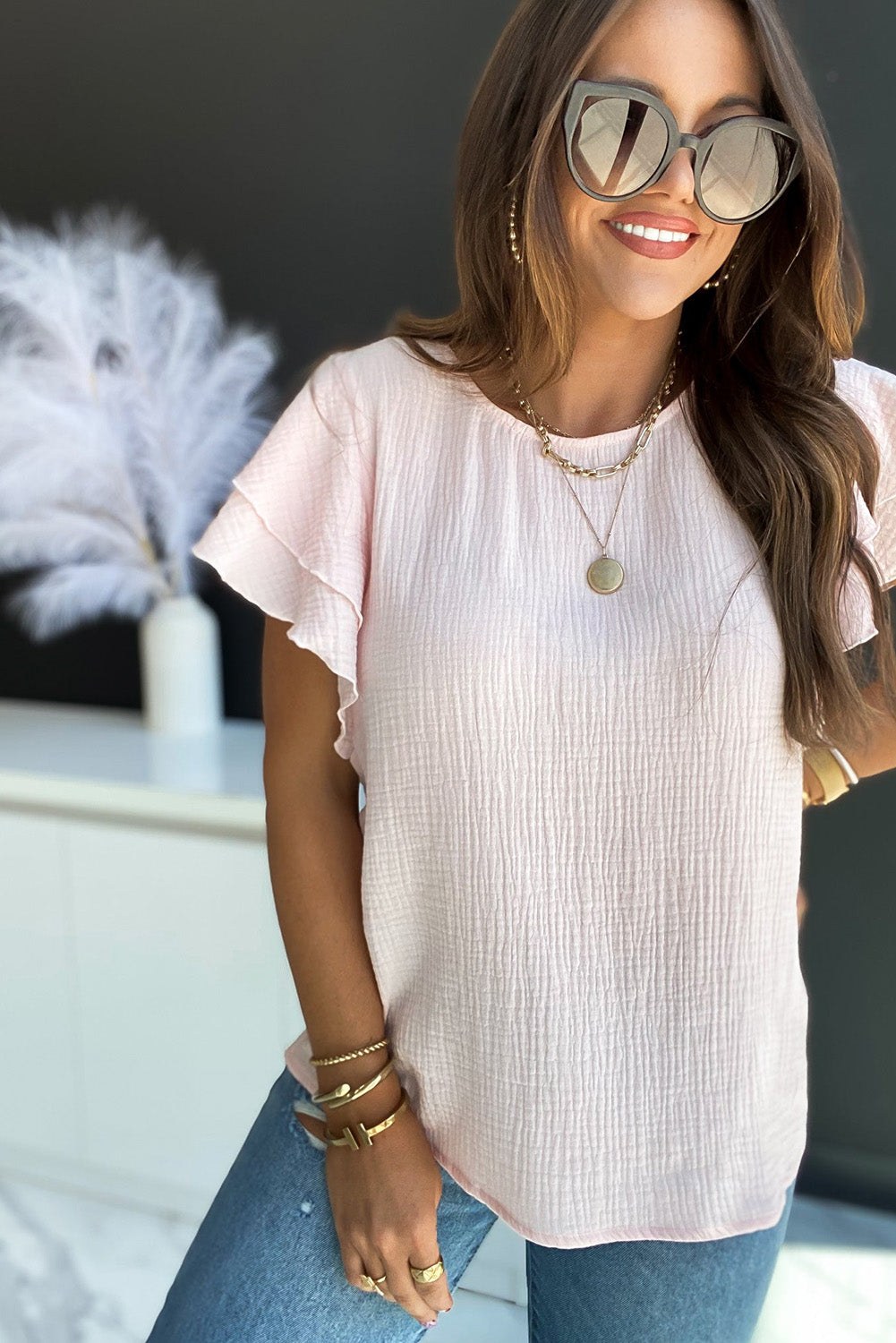 Pink Textured Tiered Ruffle Casual Short Sleeve Top