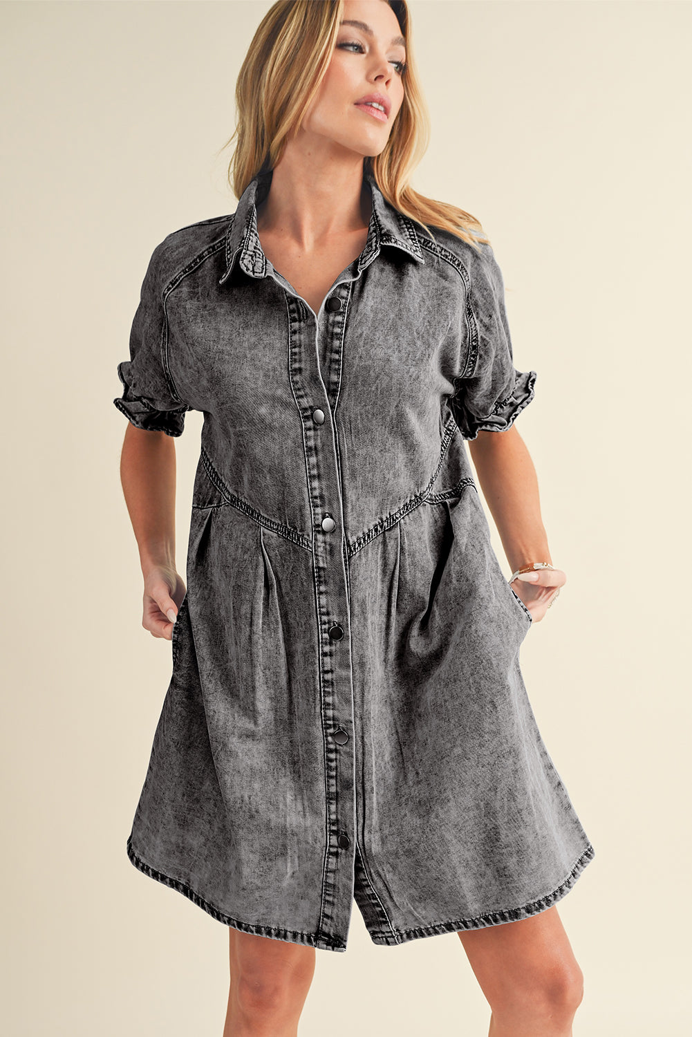 Blue Mineral Washed Ruffled Short Sleeve Pocketed Denim Dress