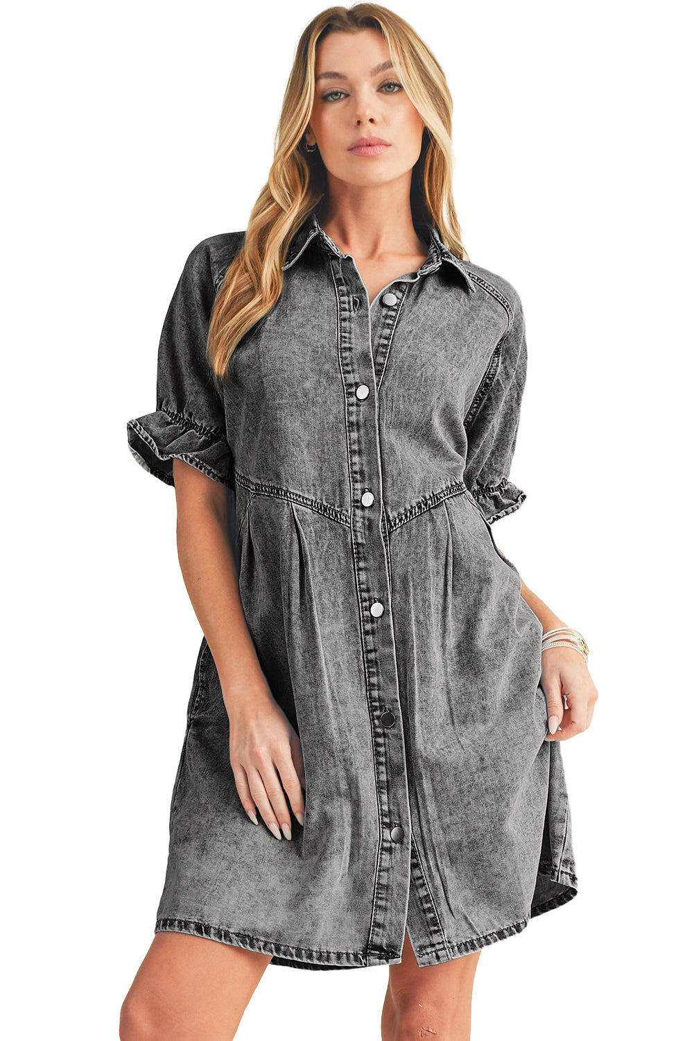 Blue Mineral Washed Ruffled Short Sleeve Pocketed Denim Dress