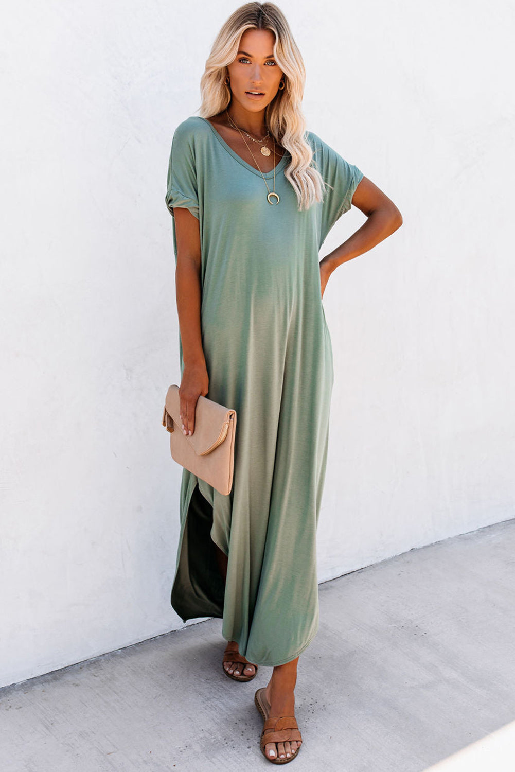 Pink Solid Color Hidden Pocket V Neck Slit Maxi Dress