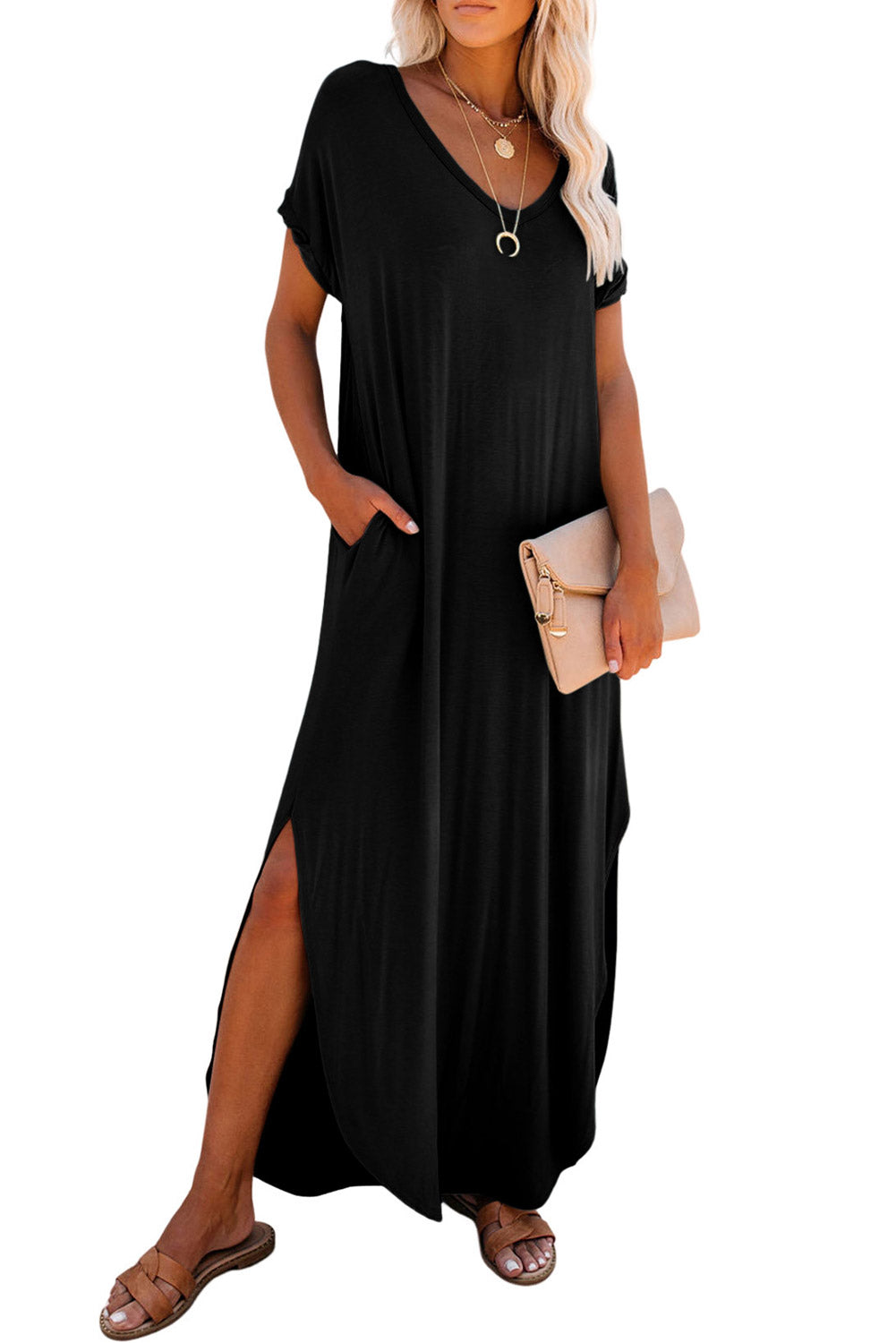 Pink Solid Color Hidden Pocket V Neck Slit Maxi Dress