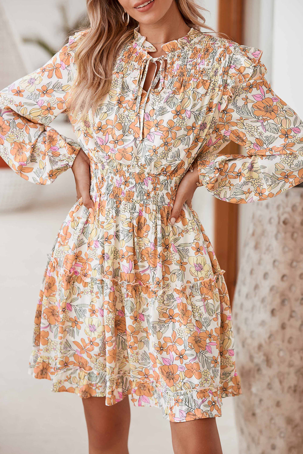 White Boho Floral Print Smocked Tiered Dress