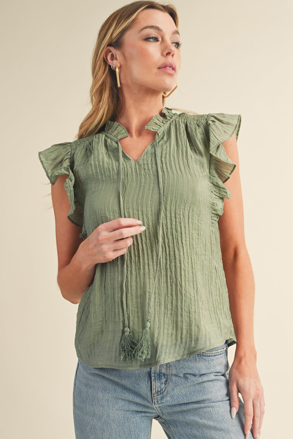 Meadow Mist Green V Neck Flutter Sleeve Textured Blouse