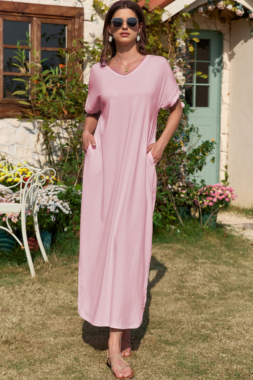 Pink Solid Color Hidden Pocket V Neck Slit Maxi Dress