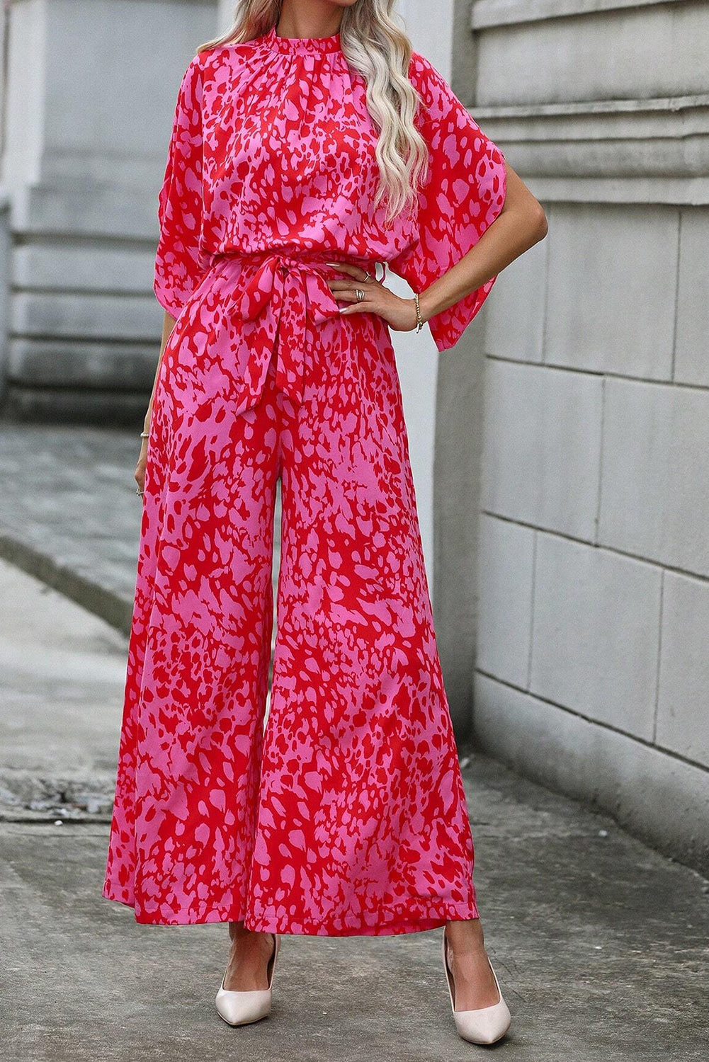 Rose Leopard Print Flounce Sleeve Belted Wide Leg Jumpsuit