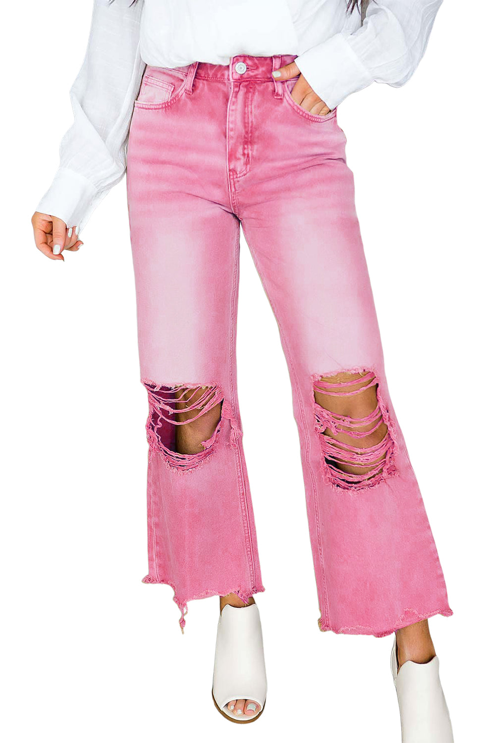 Pink Distressed Ripped Raw Hem High Waist Flare Jeans