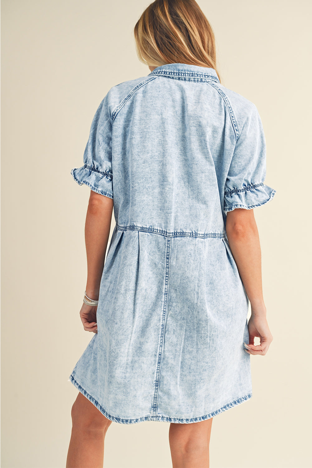 Blue Mineral Washed Ruffled Short Sleeve Pocketed Denim Dress