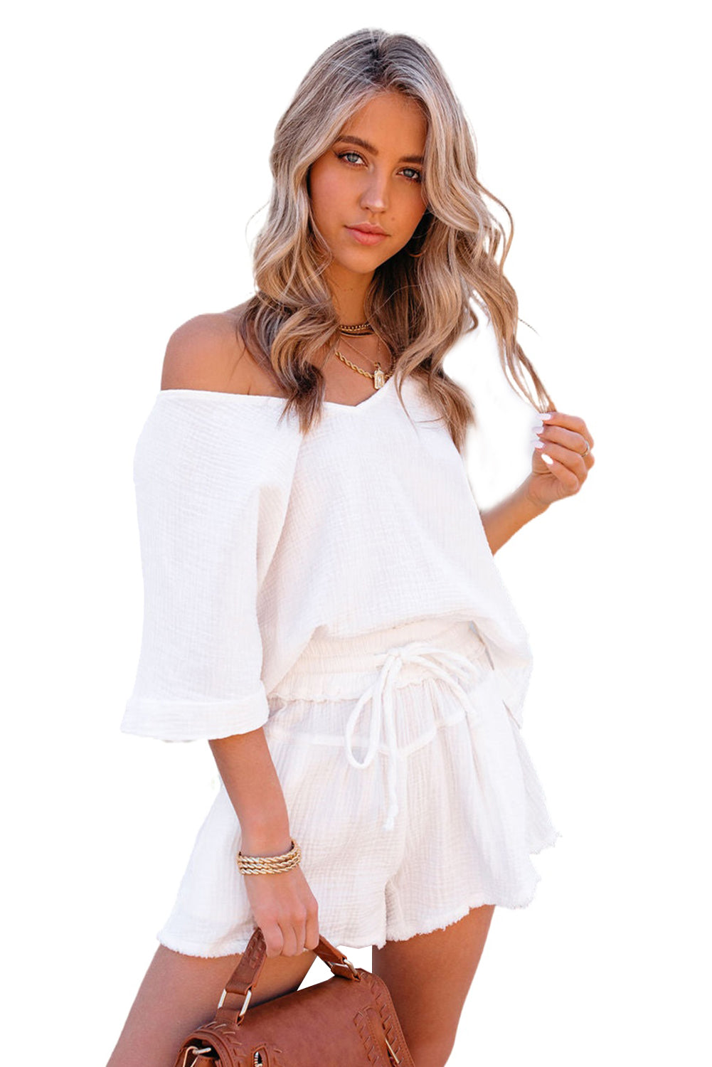 White Loose V Neck Blouse & Drawstring Raw Hem Shorts Set