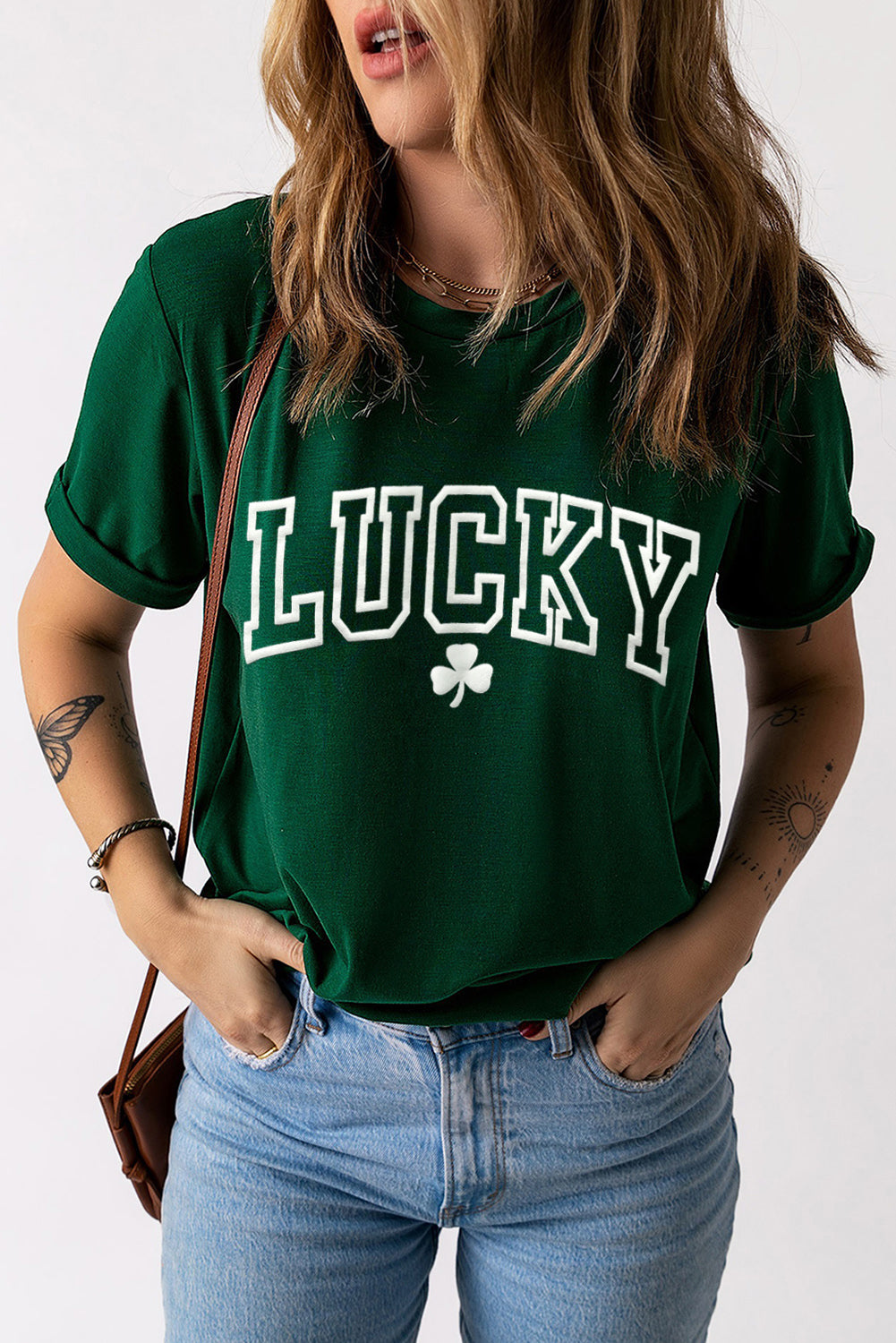 Green Casual LUCKY Clover Puff Graphic Round Neck T Shirt