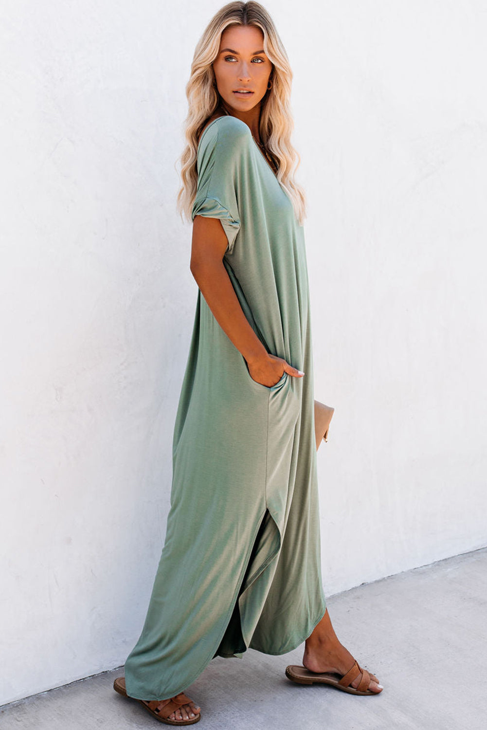 Pink Solid Color Hidden Pocket V Neck Slit Maxi Dress