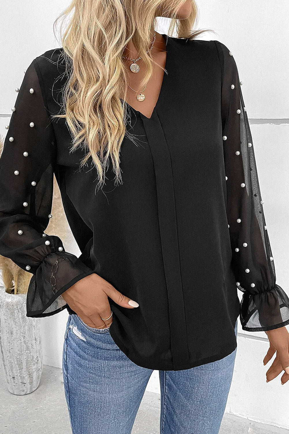 Black Pearl Mesh Sleeve Solid V Neck Blouse