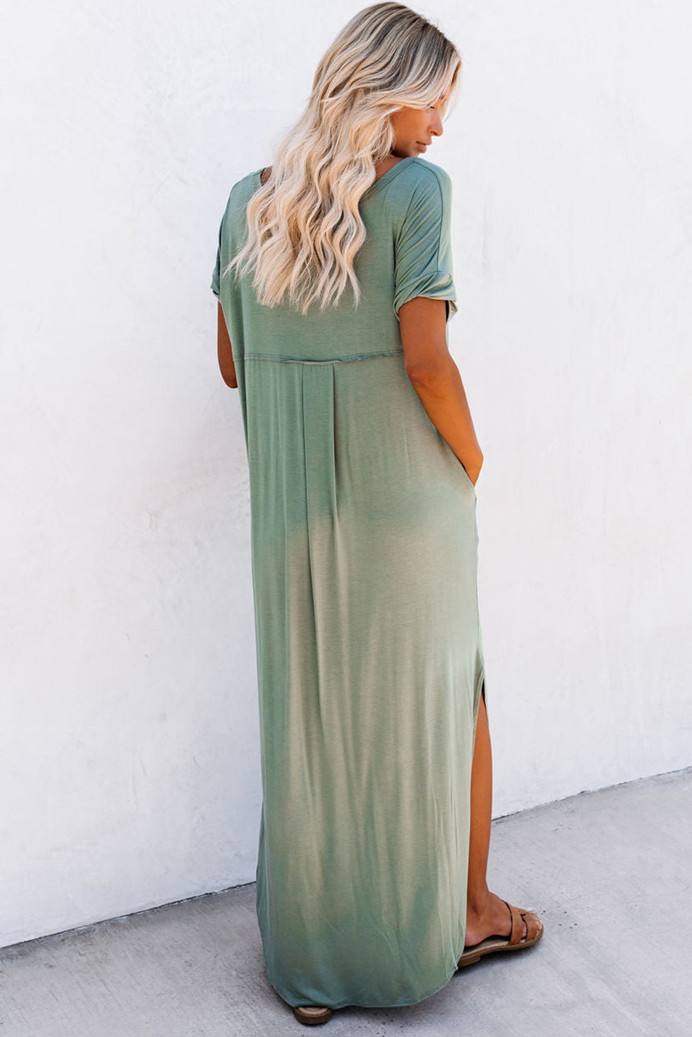 Pink Solid Color Hidden Pocket V Neck Slit Maxi Dress