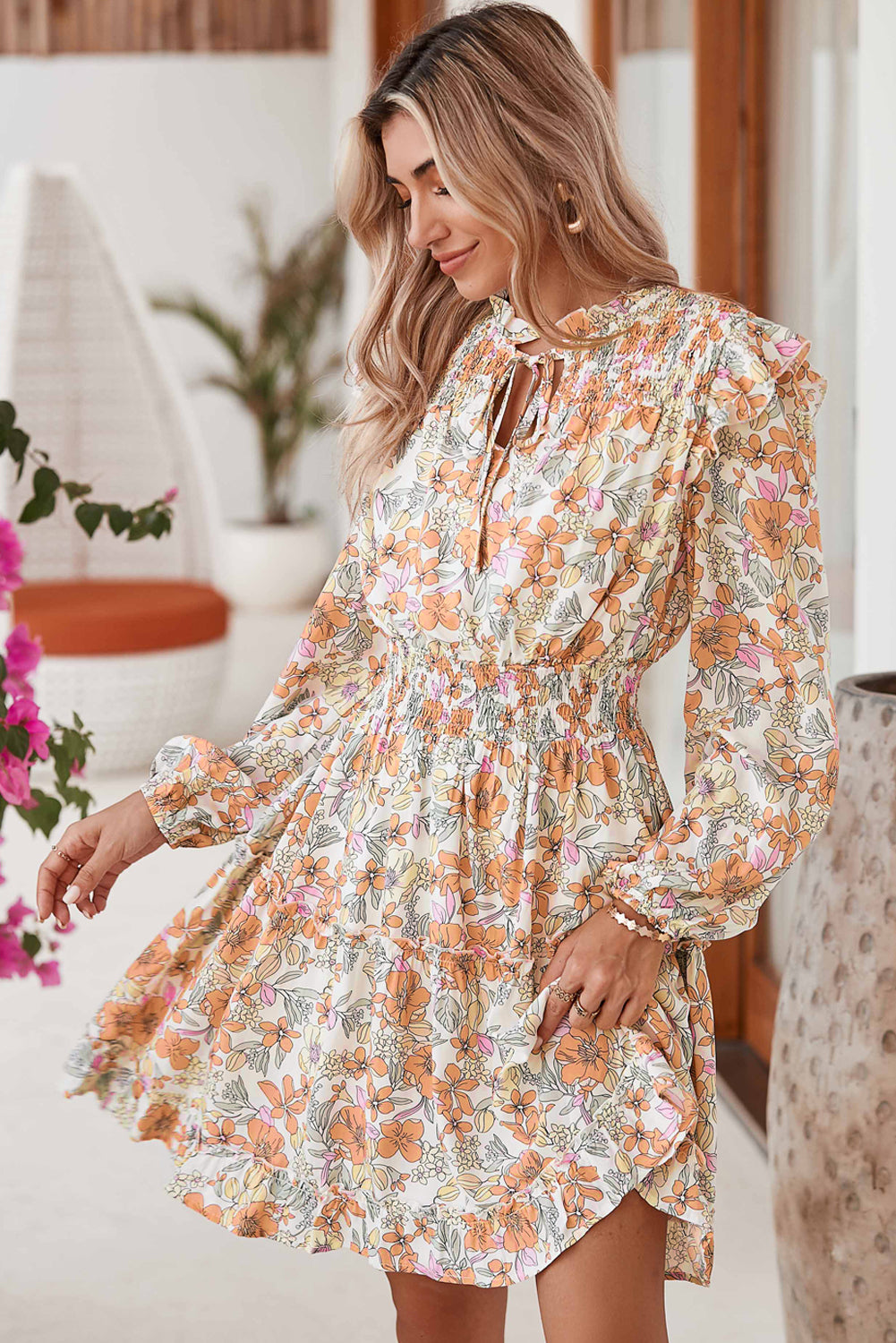 White Boho Floral Print Smocked Tiered Dress