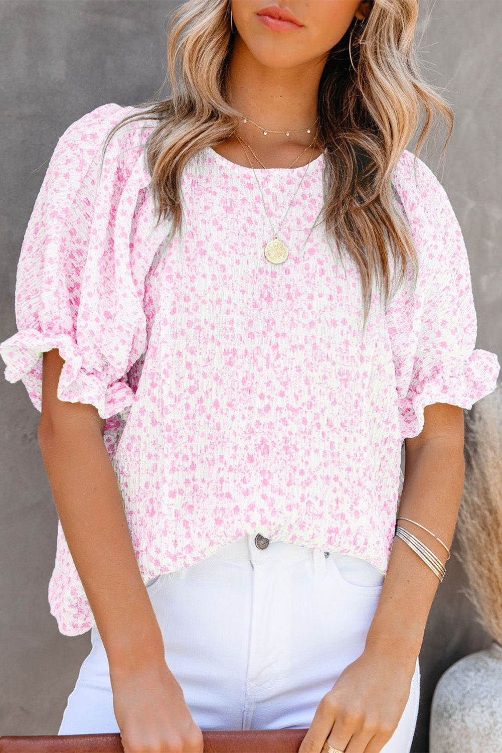 Pink Boho Floral Print Smocked Puff Sleeve Blouse