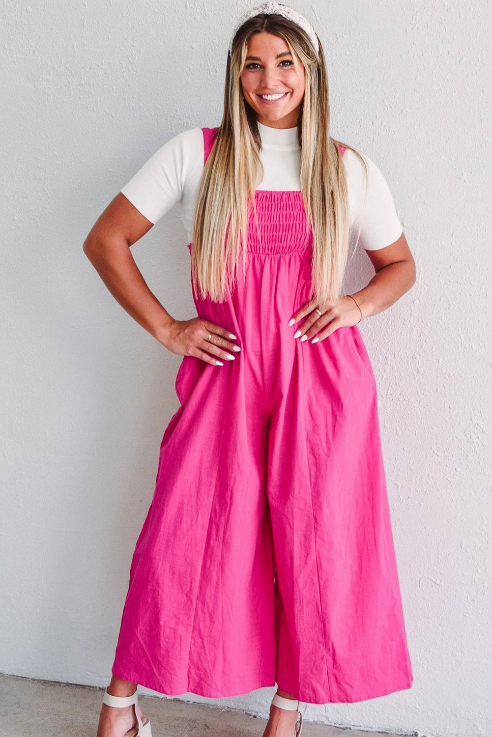 Strawberry Pink Smocked High Waist Wide Leg Overall